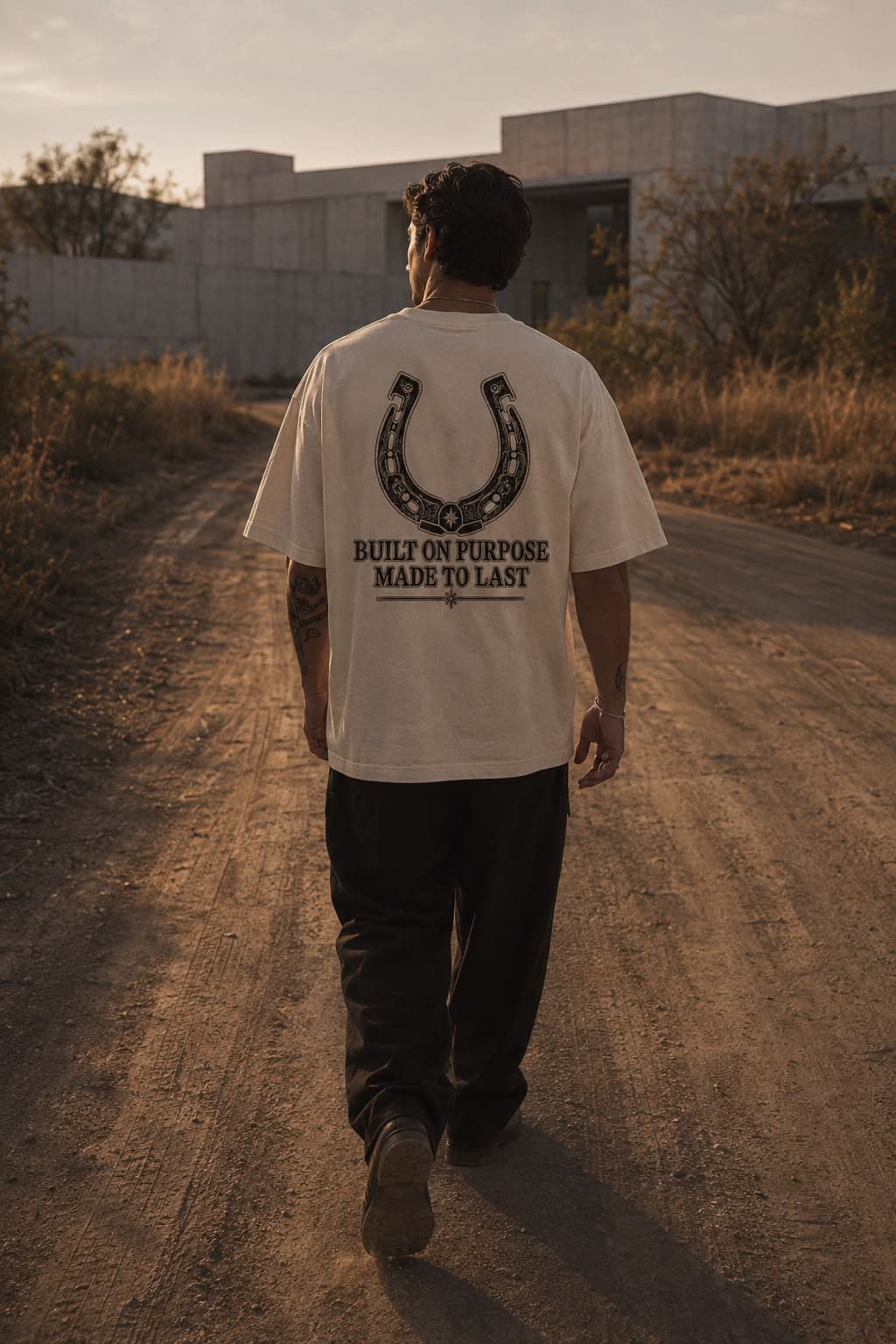 Modelo de costas em estrada de terra, vestindo a camiseta off-white Build on Purpose